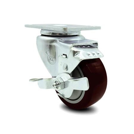 Service Caster 3 Inch Maroon Polyurethane Wheel Swivel Top Plate Caster with Brake SCC SCC-20S314-PPUB-MRN-TLB-TP3
